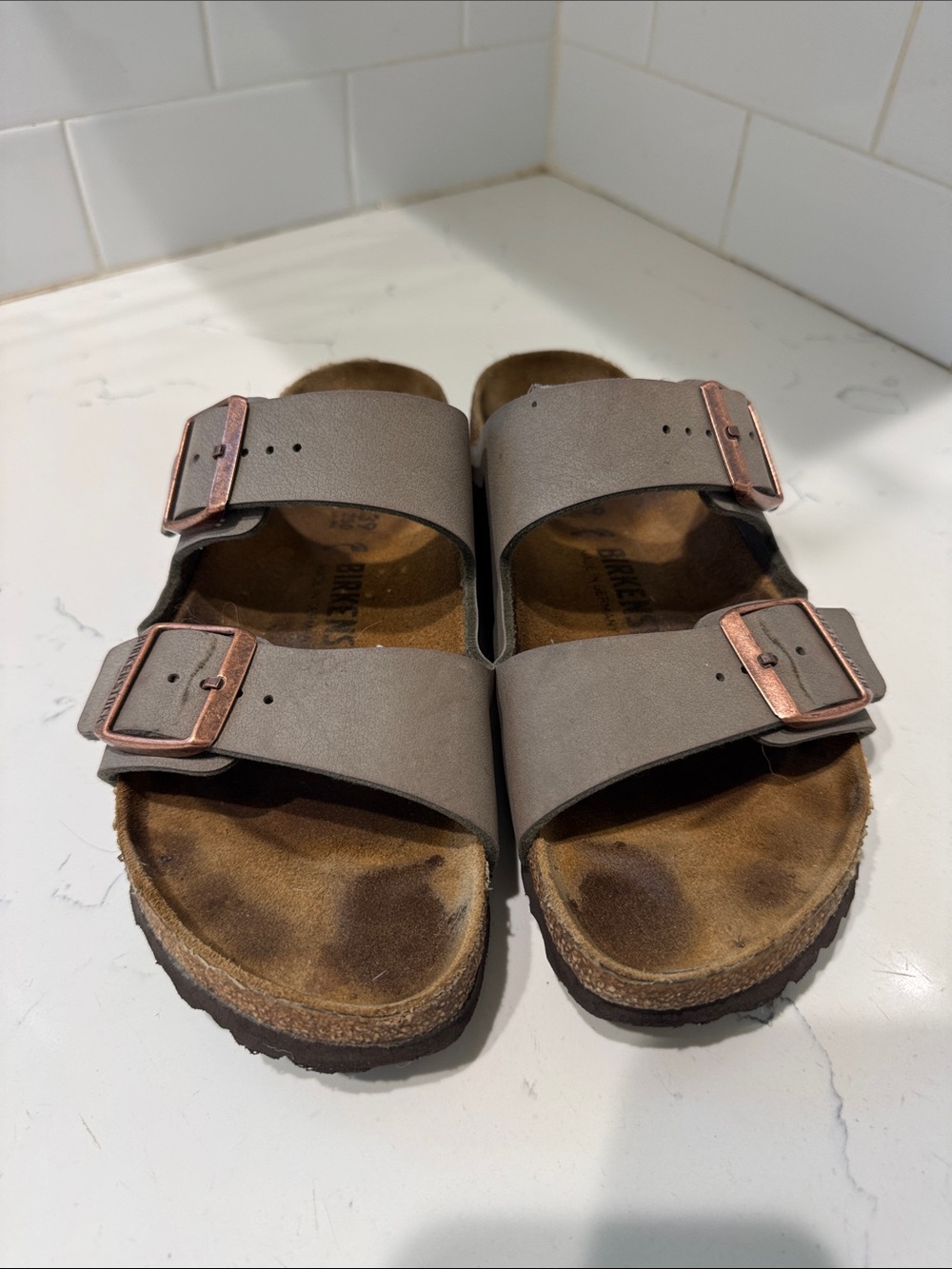 Birkenstock Taupe Double Buckle Sandals with Copper Buckles